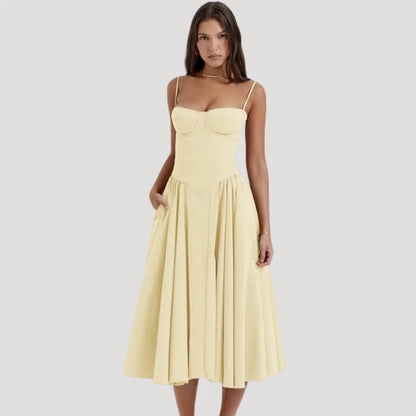 Women's Elegant Pleated Midi Wedding Guest Dress with Sweetheart Neckline