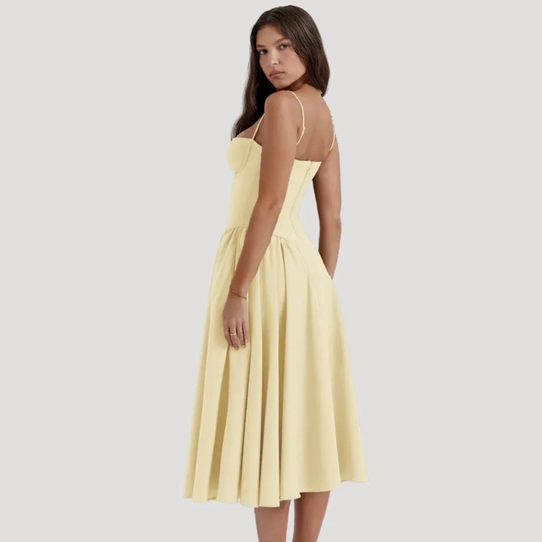 Women's Elegant Pleated Midi Wedding Guest Dress with Sweetheart Neckline