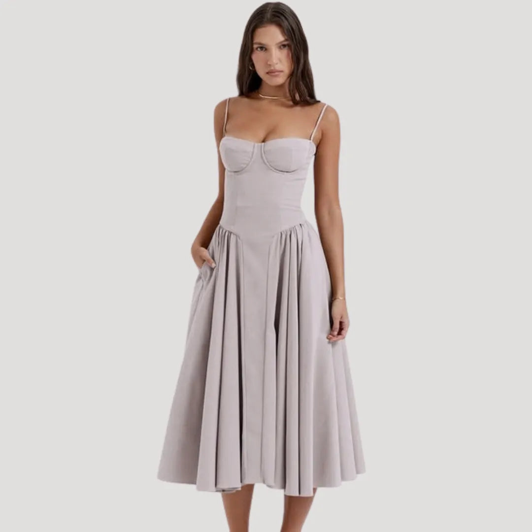 Women's Elegant Pleated Midi Wedding Guest Dress with Sweetheart Neckline