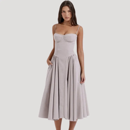 Women's Elegant Pleated Midi Wedding Guest Dress with Sweetheart Neckline