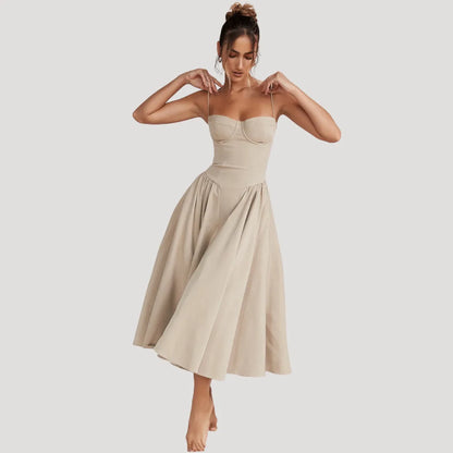 Women's Elegant Pleated Midi Wedding Guest Dress with Sweetheart Neckline