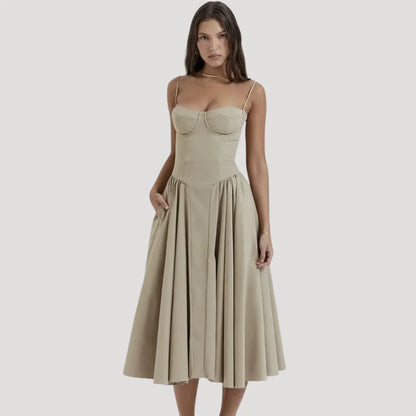 Women's Elegant Pleated Midi Wedding Guest Dress with Sweetheart Neckline
