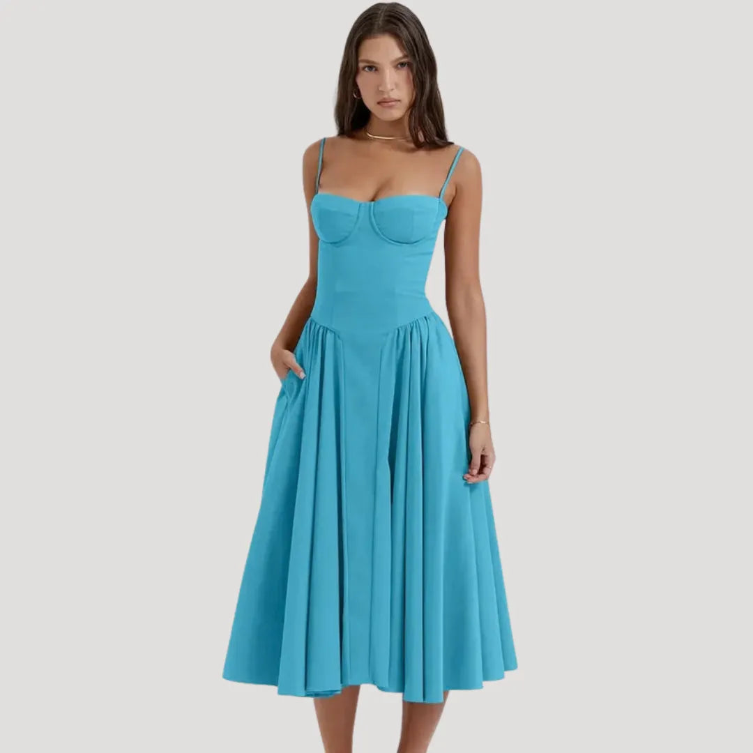 Women's Elegant Pleated Midi Wedding Guest Dress with Sweetheart Neckline