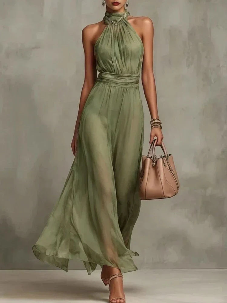 Women’s Elegant Ruched Maxi Wedding Guest Dress with Halter Neck