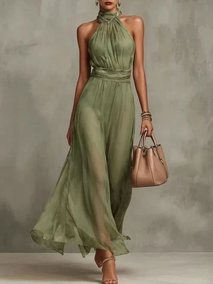 Women’s Elegant Ruched Maxi Wedding Guest Dress with Halter Neck
