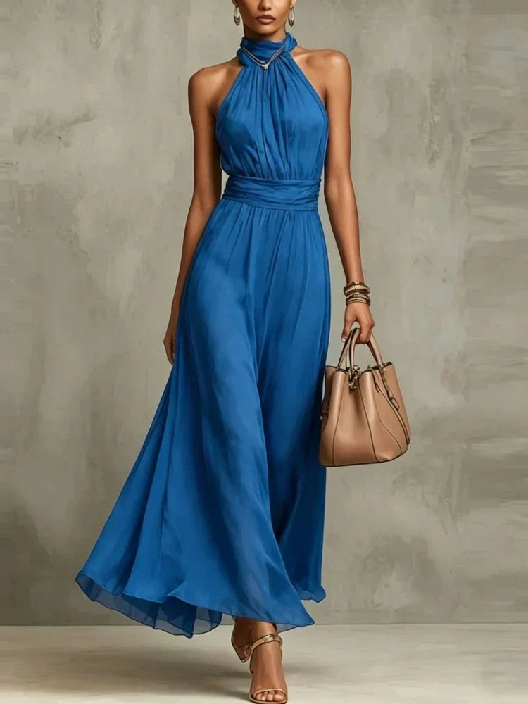 Women’s Elegant Ruched Maxi Wedding Guest Dress with Halter Neck