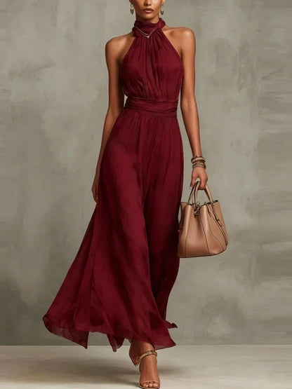 Women’s Elegant Ruched Maxi Wedding Guest Dress with Halter Neck
