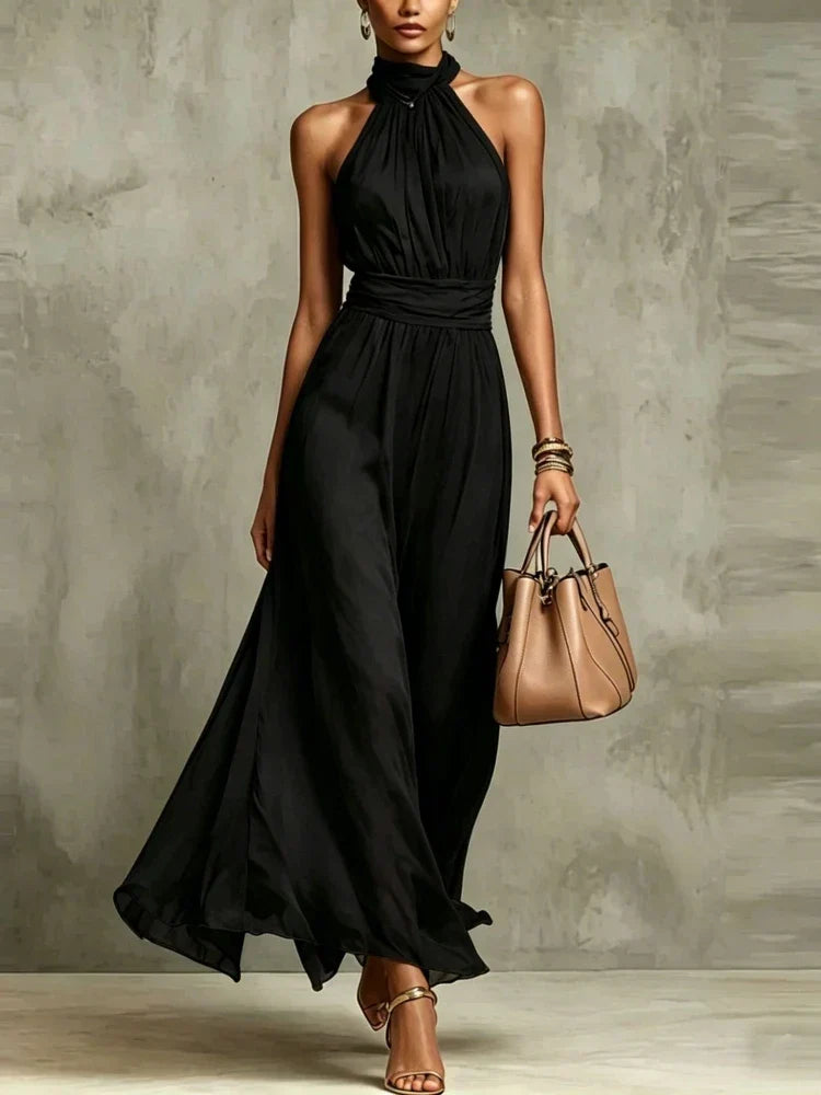 Women’s Elegant Ruched Maxi Wedding Guest Dress with Halter Neck