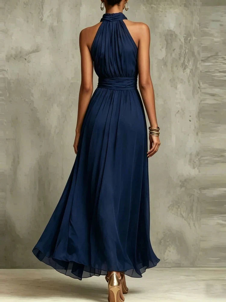 Women’s Elegant Ruched Maxi Wedding Guest Dress with Halter Neck