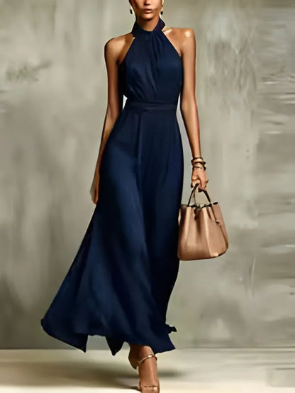 Women’s Elegant Ruched Maxi Wedding Guest Dress with Halter Neck