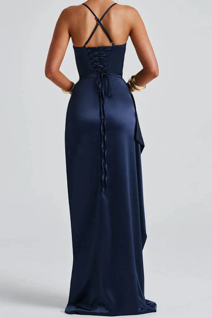Women's Elegant Ruched Maxi Wedding Guest Dress with Slit