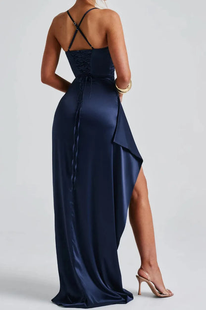 Women's Elegant Ruched Maxi Wedding Guest Dress with Slit