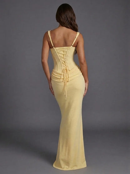 Women's Elegant Ruched Maxi Wedding Guest Dress with Square Neck
