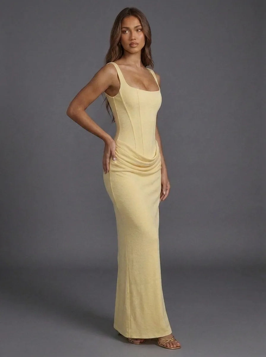 Women's Elegant Ruched Maxi Wedding Guest Dress with Square Neck