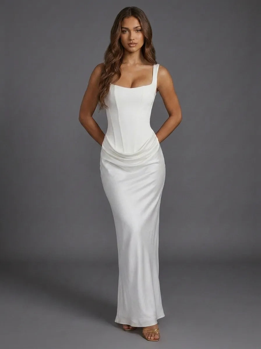 Women's Elegant Ruched Maxi Wedding Guest Dress with Square Neck