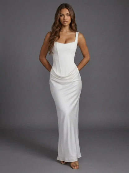 Women's Elegant Ruched Maxi Wedding Guest Dress with Square Neck