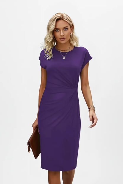 Women’s Elegant Ruched Midi Wedding Guest Dress with Cap Sleeves