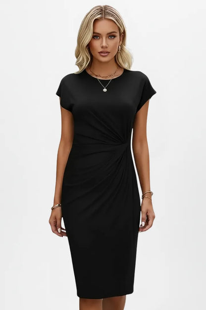 Women’s Elegant Ruched Midi Wedding Guest Dress with Cap Sleeves