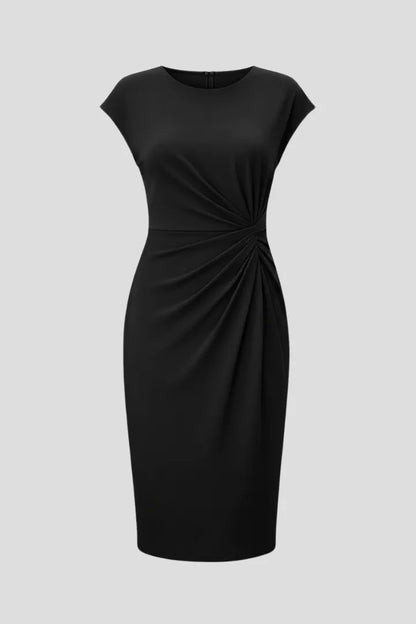 Women’s Elegant Ruched Midi Wedding Guest Dress with Cap Sleeves