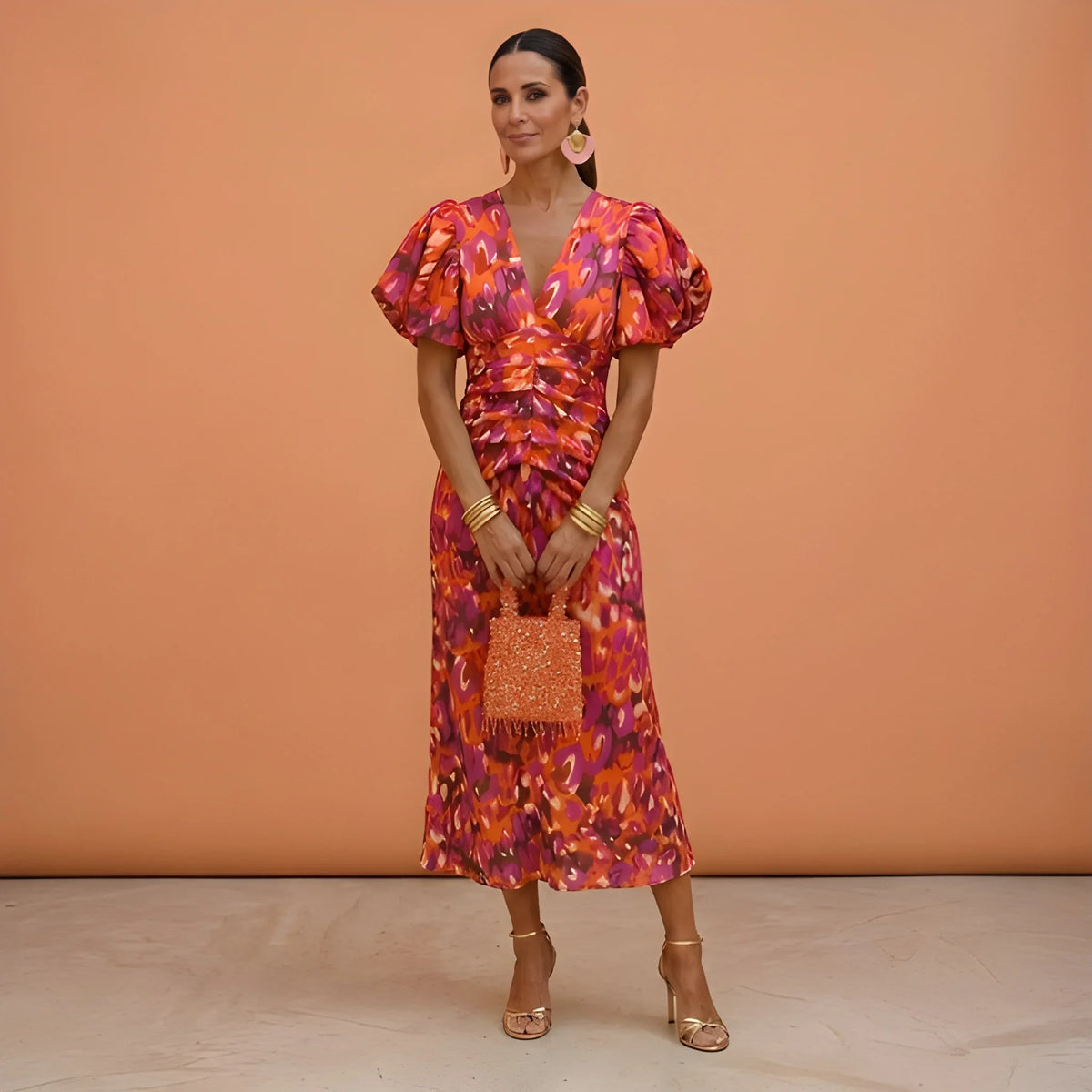Women’s Elegant Ruched Midi Wedding Guest Dress with Puff Sleeves