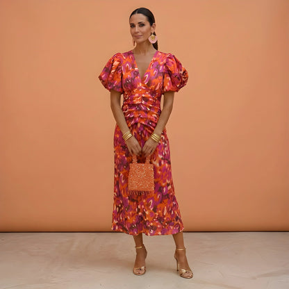 Women’s Elegant Ruched Midi Wedding Guest Dress with Puff Sleeves