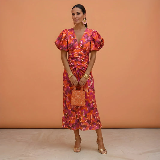 Women’s Elegant Ruched Midi Wedding Guest Dress with Puff Sleeves