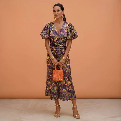 Women’s Elegant Ruched Midi Wedding Guest Dress with Puff Sleeves