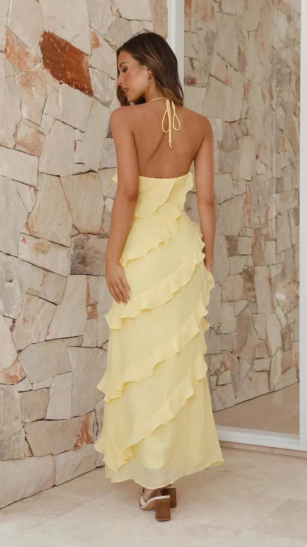 Women's Elegant Ruffle Maxi Wedding Guest Dress with Open Back