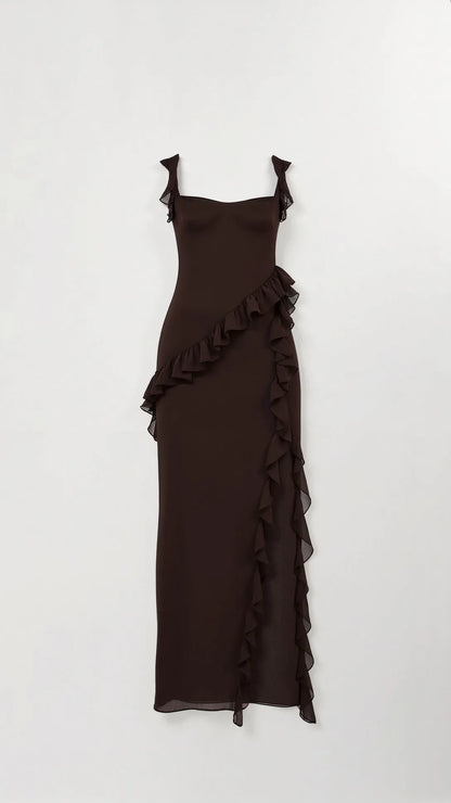 Women's Elegant Ruffle Maxi Wedding Guest Dress with Slit