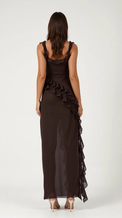 Women's Elegant Ruffle Maxi Wedding Guest Dress with Slit