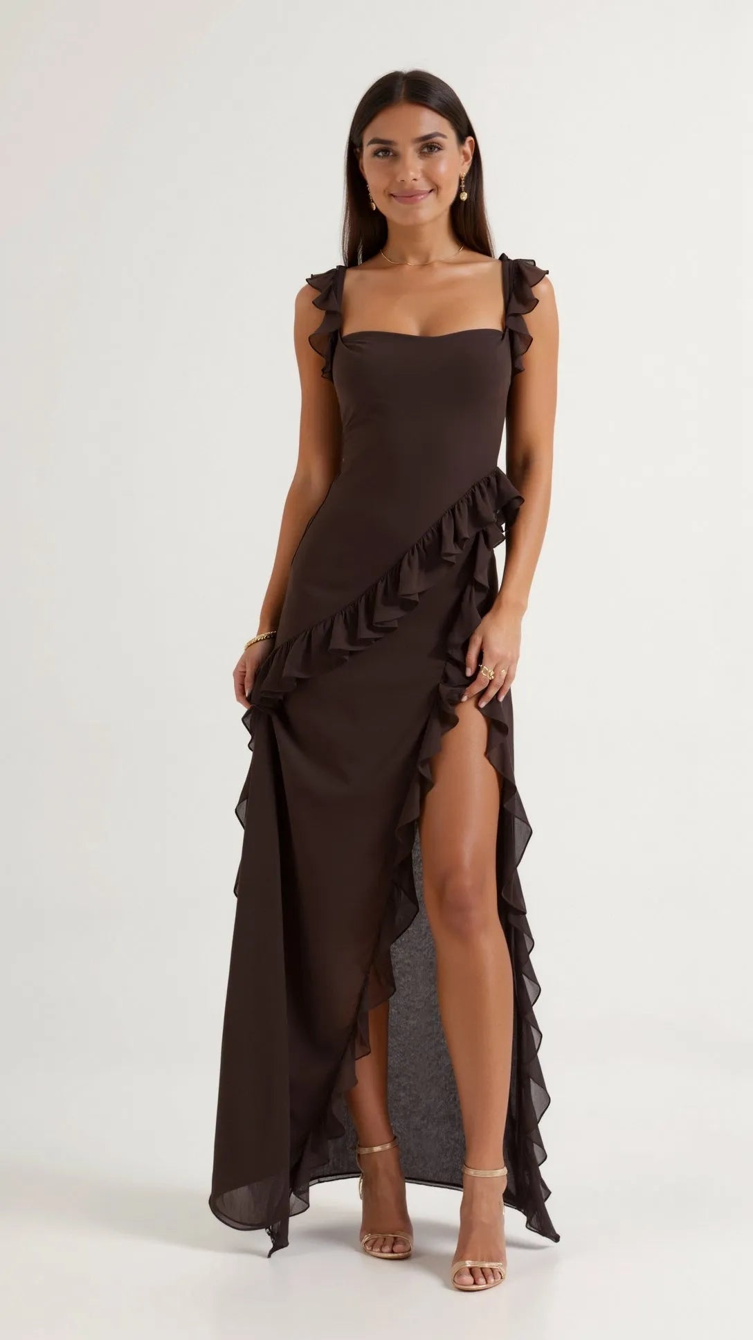 Women's Elegant Ruffle Maxi Wedding Guest Dress with Slit