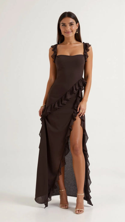 Women's Elegant Ruffle Maxi Wedding Guest Dress with Slit