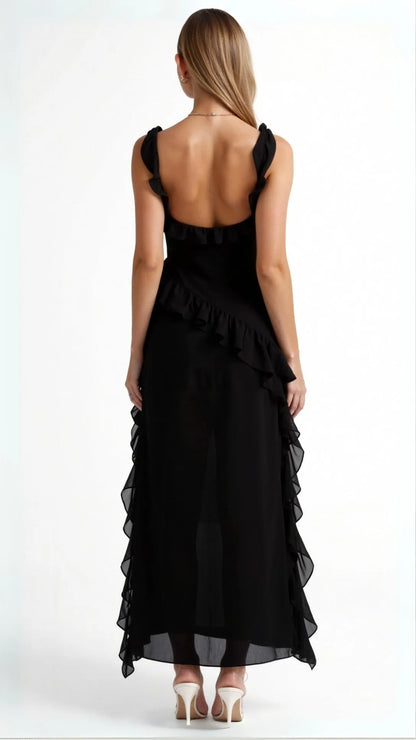 Women's Elegant Ruffle Maxi Wedding Guest Dress with Slit