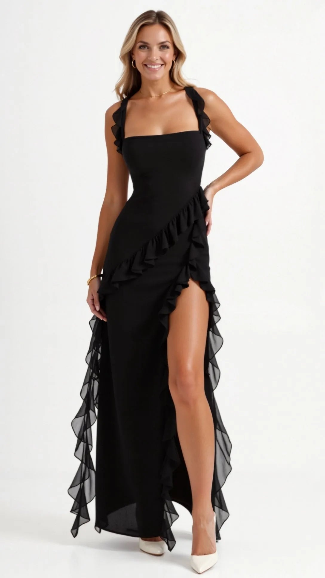 Women's Elegant Ruffle Maxi Wedding Guest Dress with Slit