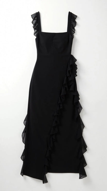 Women's Elegant Ruffle Maxi Wedding Guest Dress with Slit