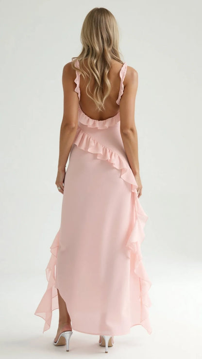 Women's Elegant Ruffle Maxi Wedding Guest Dress with Slit