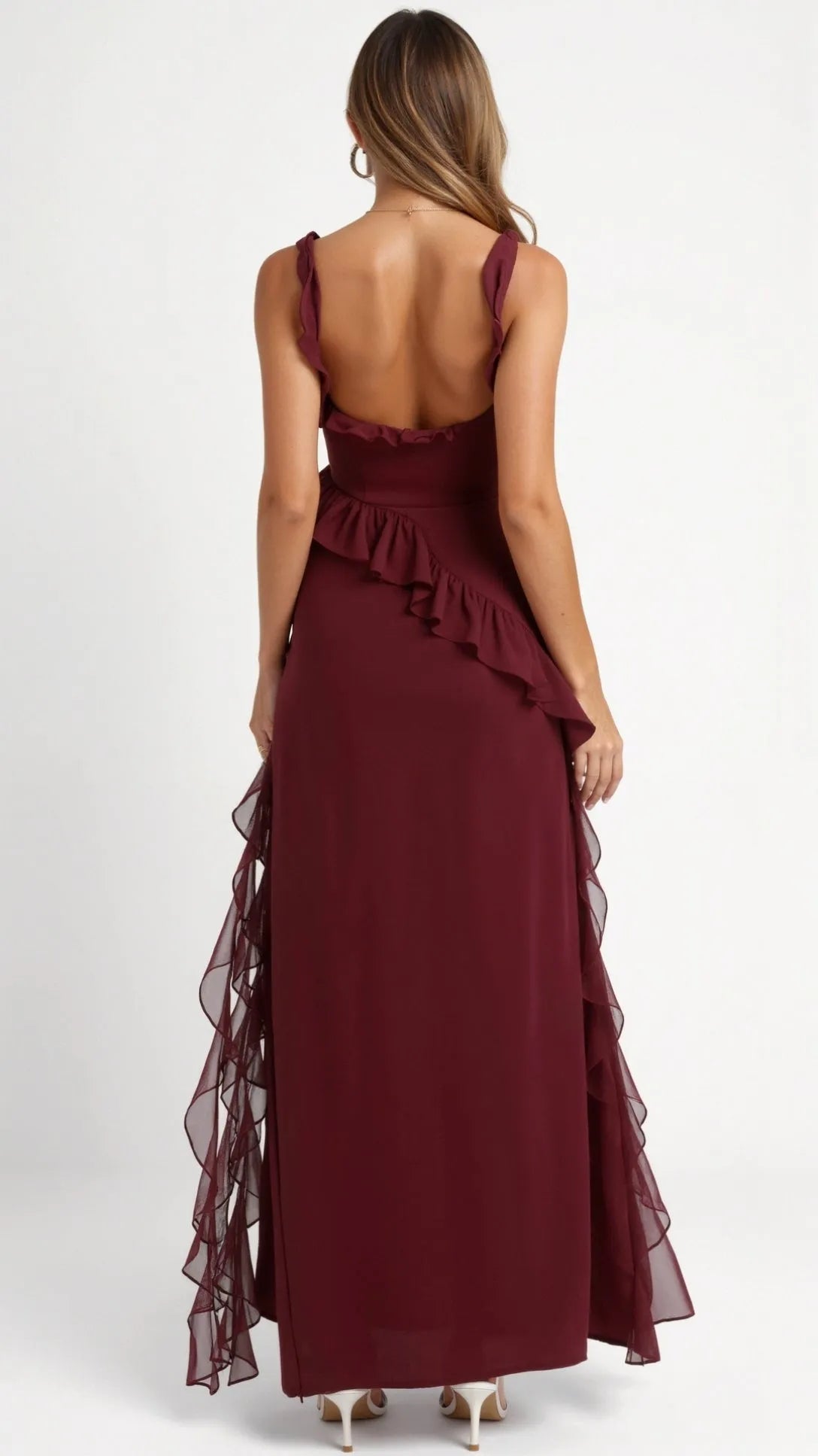 Women's Elegant Ruffle Maxi Wedding Guest Dress with Slit
