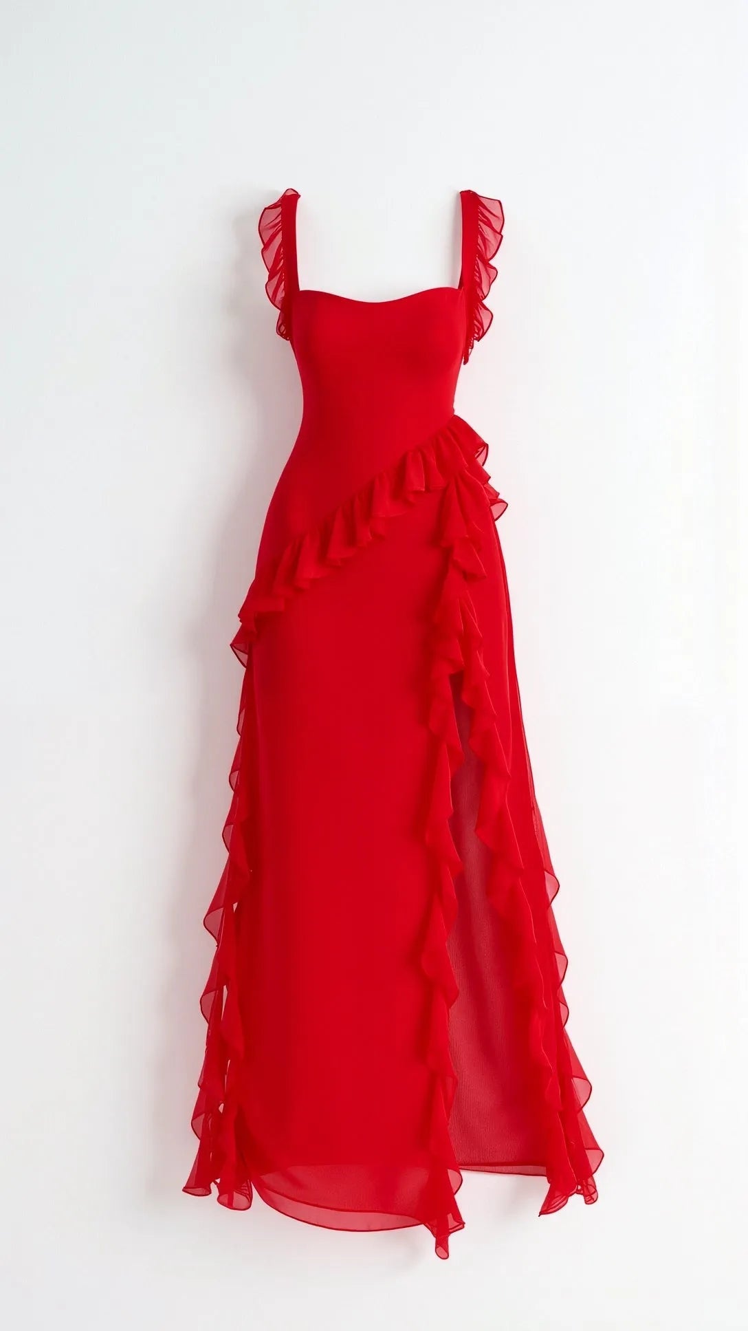 Women's Elegant Ruffle Maxi Wedding Guest Dress with Slit