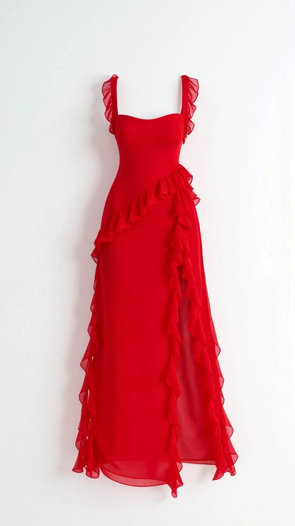 Women's Elegant Ruffle Maxi Wedding Guest Dress with Slit