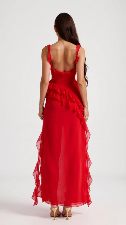 Women's Elegant Ruffle Maxi Wedding Guest Dress with Slit