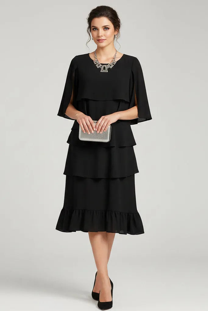 Women’s Elegant Ruffle Midi Wedding Guest Dress with Split Sleeves