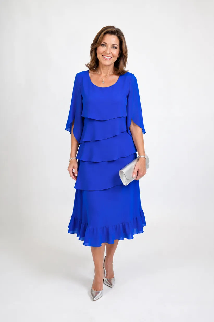 Women’s Elegant Ruffle Midi Wedding Guest Dress with Split Sleeves