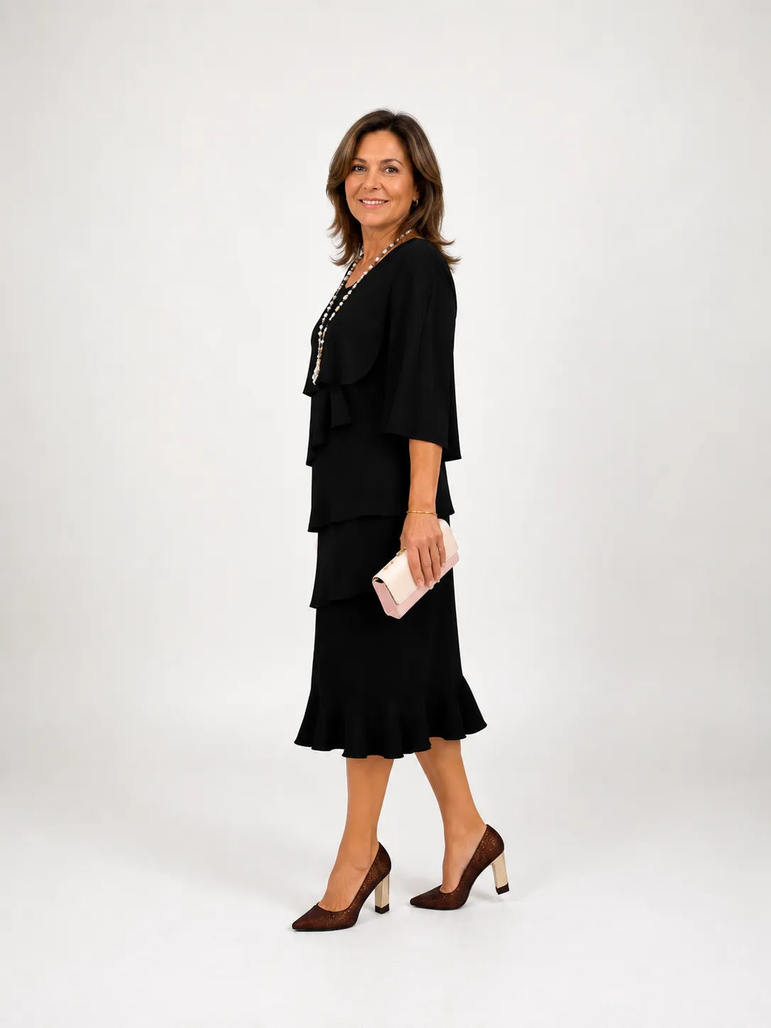 Women’s Elegant Ruffle Midi Wedding Guest Dress with Split Sleeves
