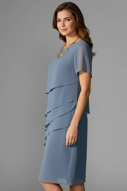 Women’s Elegant Short Sleeve Midi Wedding Guest Dress with Layered Front