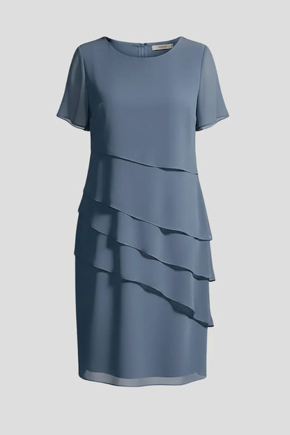 Women’s Elegant Short Sleeve Midi Wedding Guest Dress with Layered Front