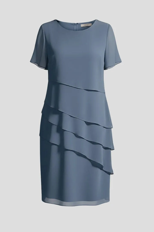 Women’s Elegant Short Sleeve Midi Wedding Guest Dress with Layered Front
