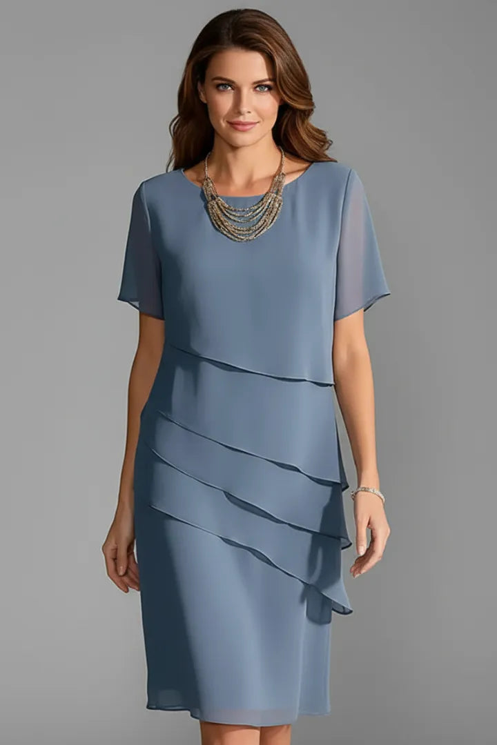 Women’s Elegant Short Sleeve Midi Wedding Guest Dress with Layered Front