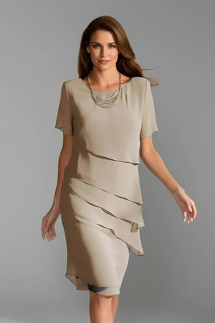 Women’s Elegant Short Sleeve Midi Wedding Guest Dress with Layered Front