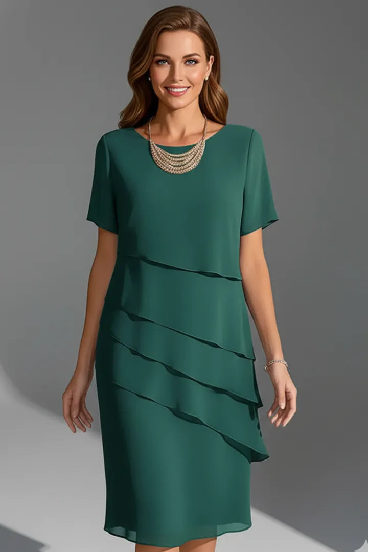 Women’s Elegant Short Sleeve Midi Wedding Guest Dress with Layered Front