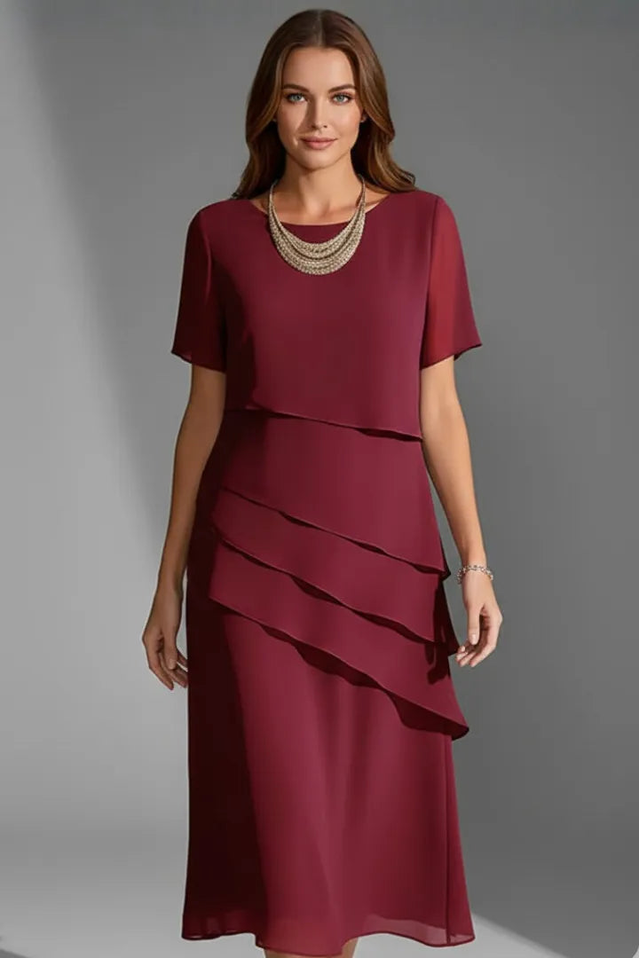 Women’s Elegant Short Sleeve Midi Wedding Guest Dress with Layered Front